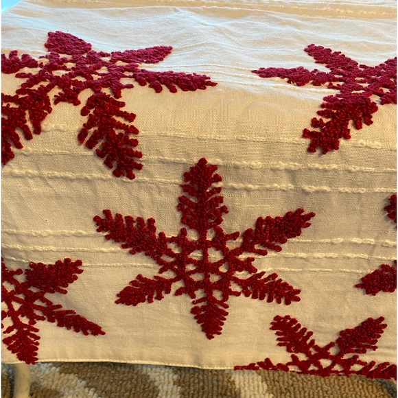 Christmas Table Runner 6’ Long Cross Stitched Red Snowflakes on White Background - Picture 2 of 5